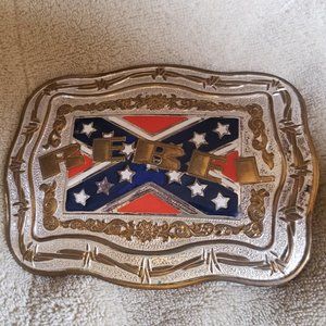 Belt Buckel says REBEL. Measures 4 1/2" by 3 1/2".